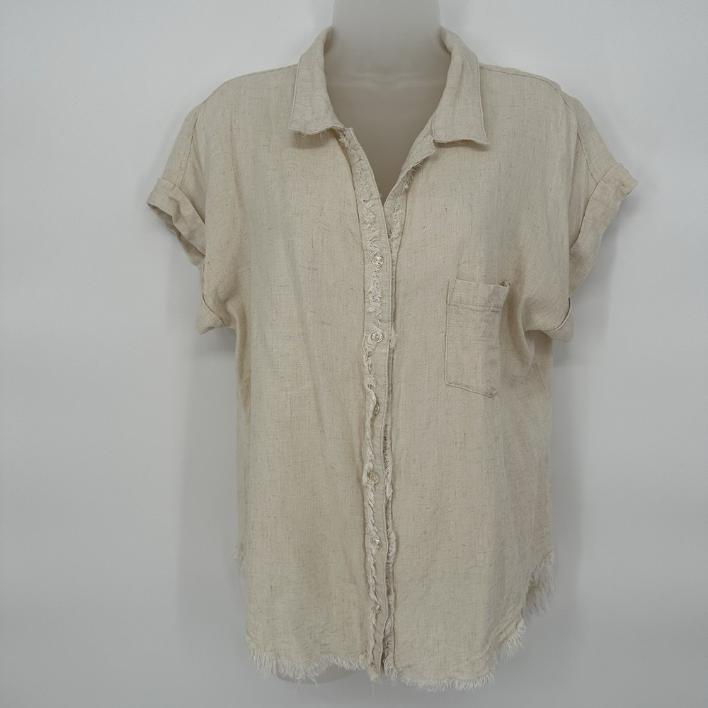 Umgee Sz S Oatmeal Beige Linen Blend Top Frayed Hem Shirt Rolled Cuff Sleeve - Picture 2 of 9